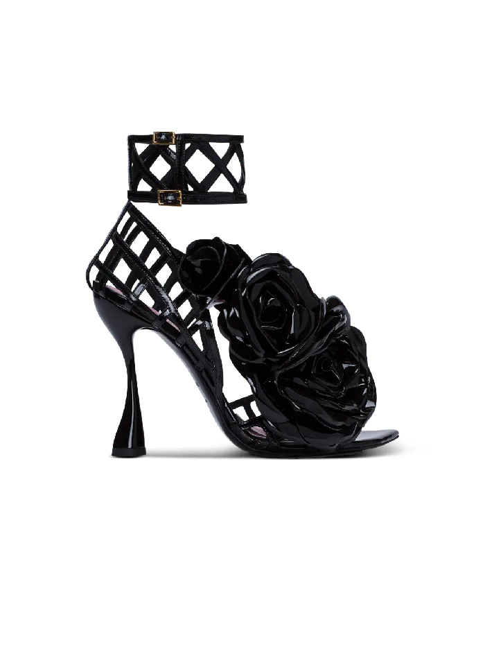 Balmain High Heels and Pumps Women Patent Leather Eden Sandals With Flowers Black