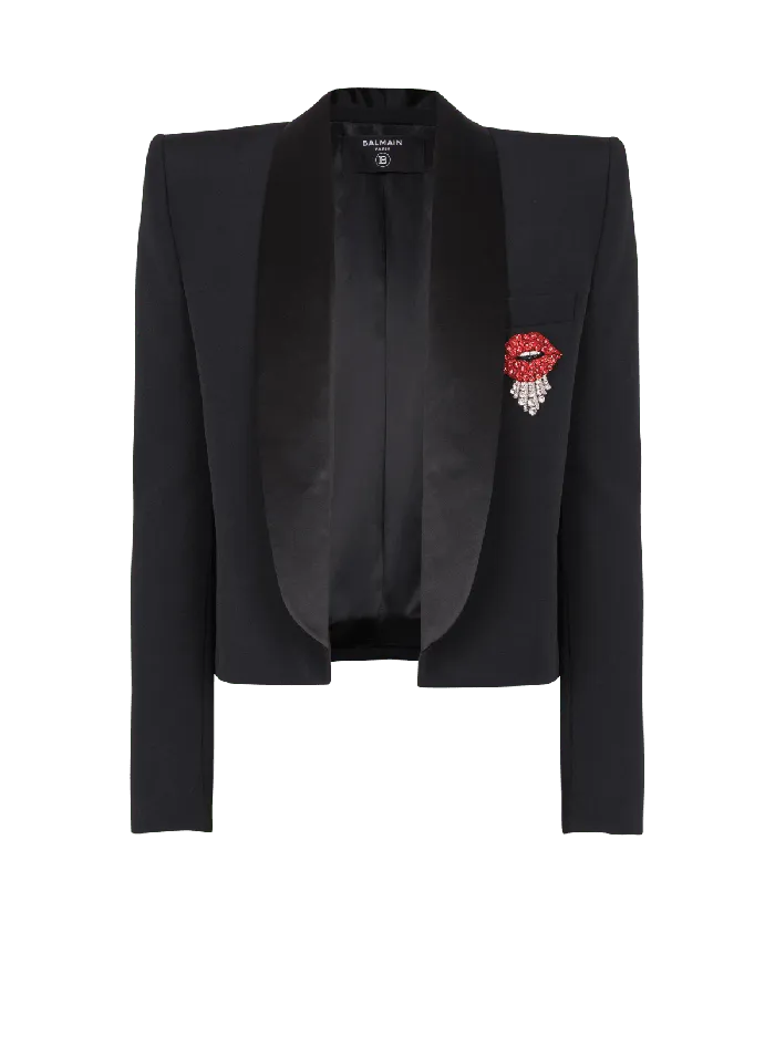 Balmain Jackets And Blazers Men Cropped Grain De Poudre Jacket With Embroidered Patch Black