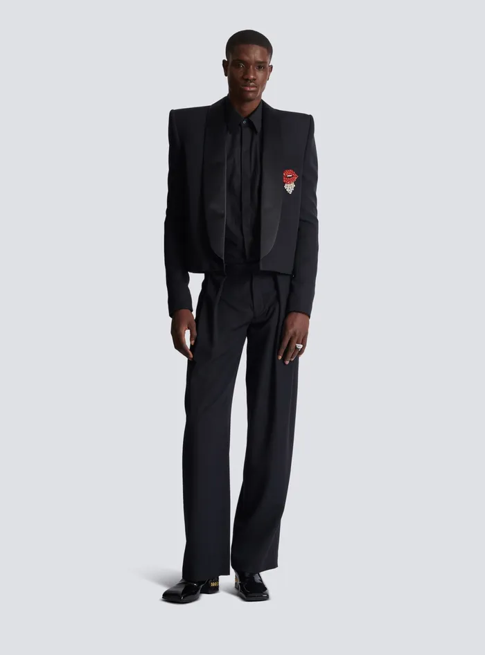 Balmain Jackets And Blazers Men Cropped Grain De Poudre Jacket With Embroidered Patch Black