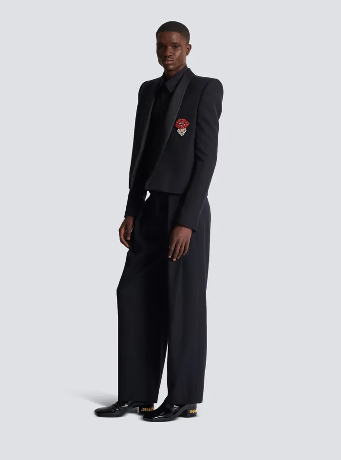 Balmain Jackets And Blazers Men Cropped Grain De Poudre Jacket With Embroidered Patch Black