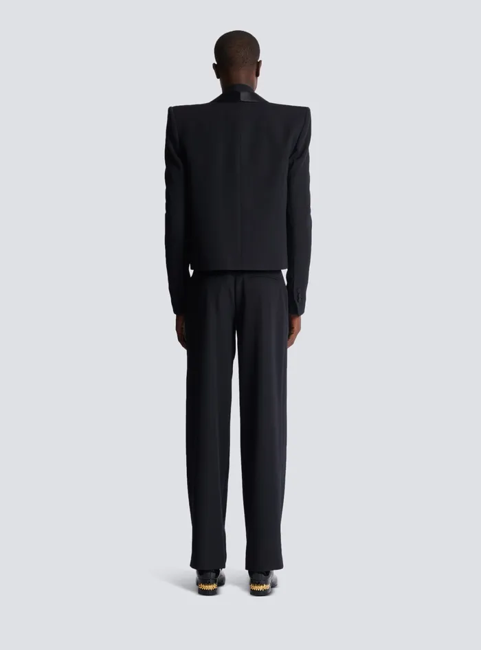 Balmain Jackets And Blazers Men Cropped Grain De Poudre Jacket With Embroidered Patch Black