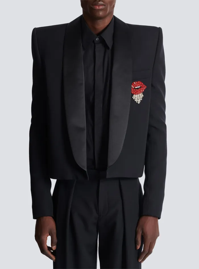 Balmain Jackets And Blazers Men Cropped Grain De Poudre Jacket With Embroidered Patch Black