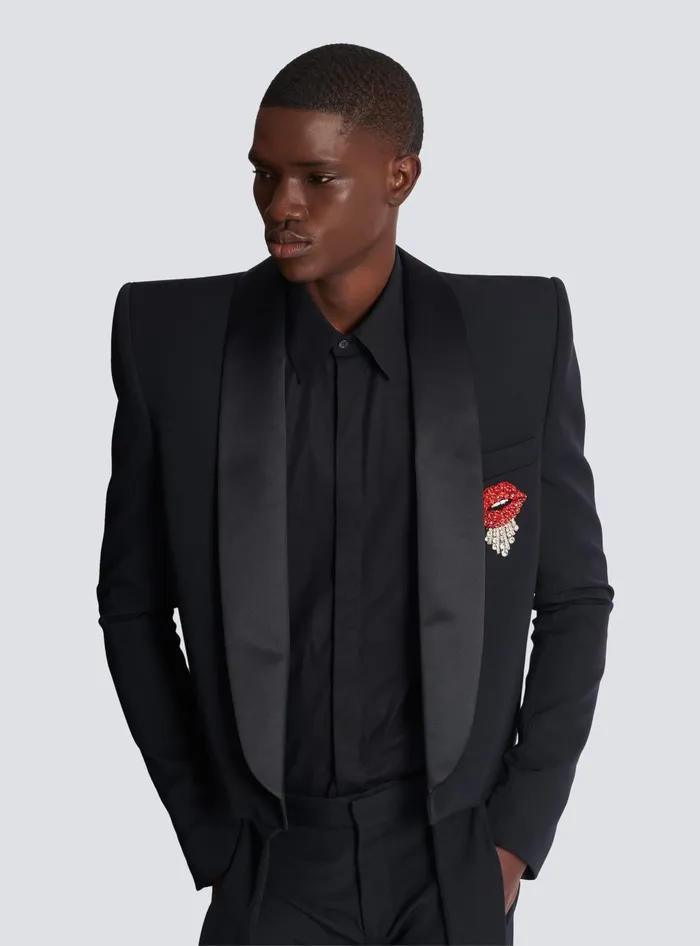 Balmain Jackets And Blazers Men Cropped Grain De Poudre Jacket With Embroidered Patch Black