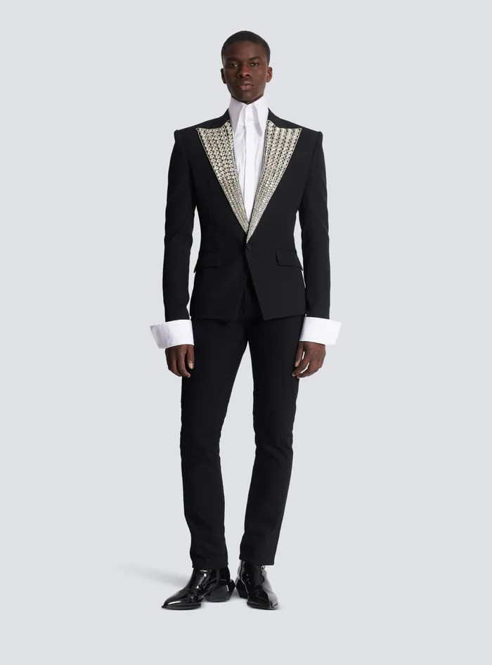Balmain Jackets And Blazers Men Jacket With Crystalembellished Collar Silver