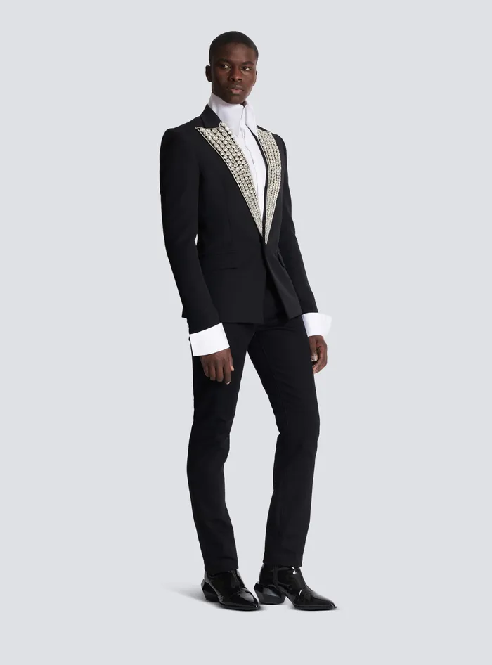 Balmain Jackets And Blazers Men Jacket With Crystalembellished Collar Silver