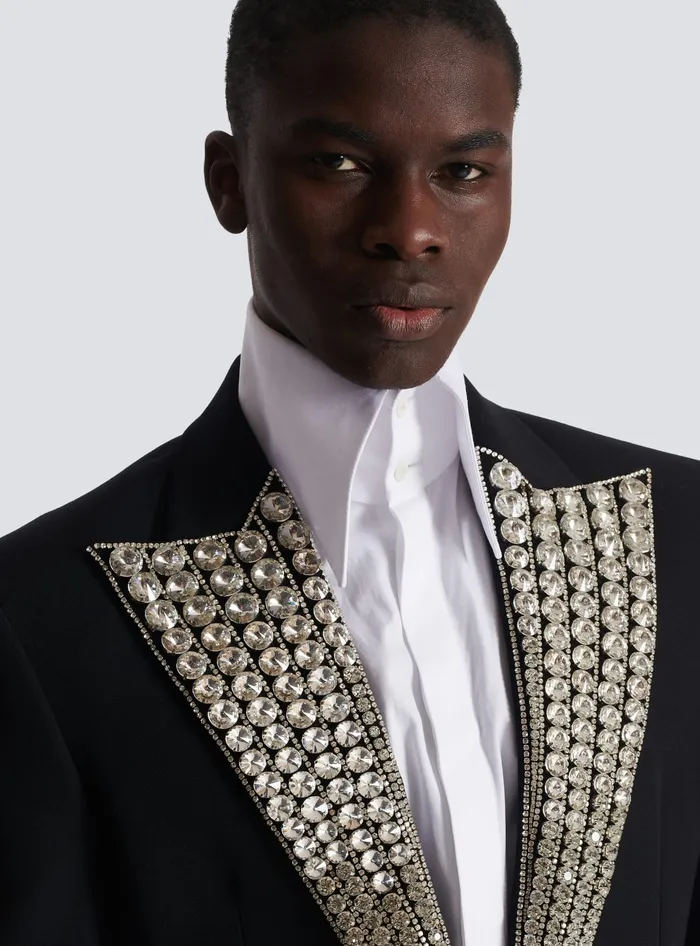 Balmain Jackets And Blazers Men Jacket With Crystalembellished Collar Silver