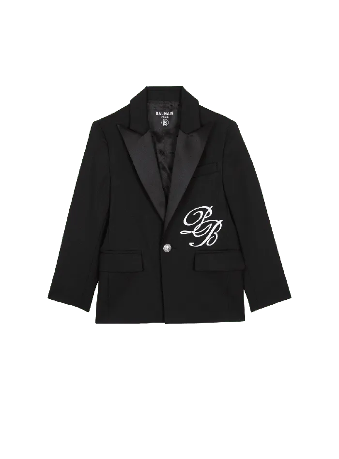 Balmain Kids 1button Jacket With PB Signature Embroidery Black