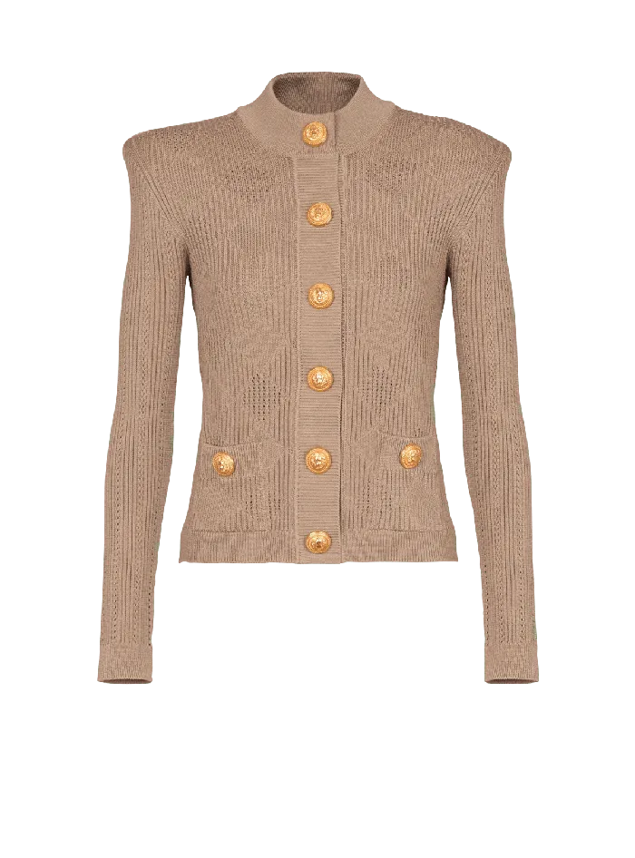 Balmain Knitwear Women Gingham Openwork Knit Cardigan Beige