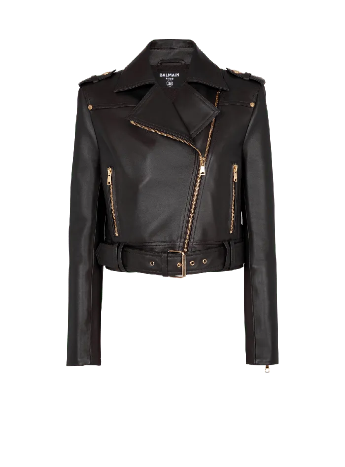 Balmain Outerwear Women Short Leather Biker Jacket Black