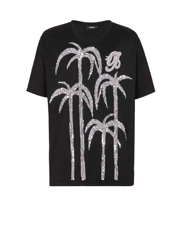 Balmain TShirts Men Palm Tree Embroidered Tshirt Black