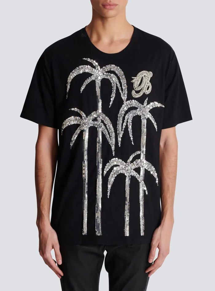 Balmain TShirts Men Palm Tree Embroidered Tshirt Black