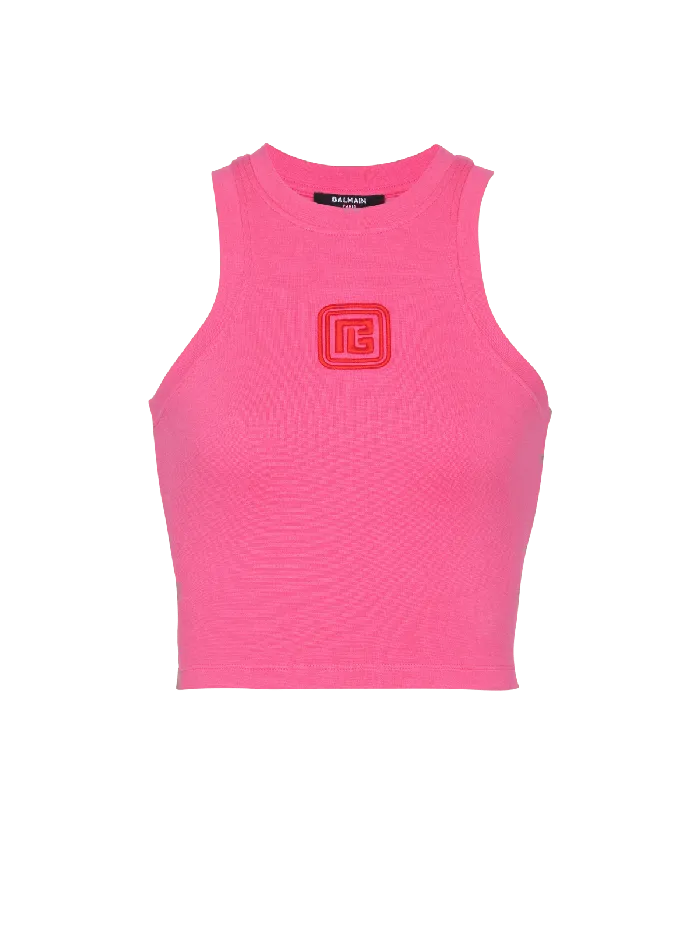 Balmain TShirts Women Cropped Tank Top With Retro PB Embroidery Pink