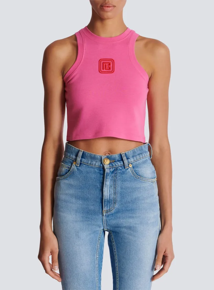 Balmain TShirts Women Cropped Tank Top With Retro PB Embroidery Pink