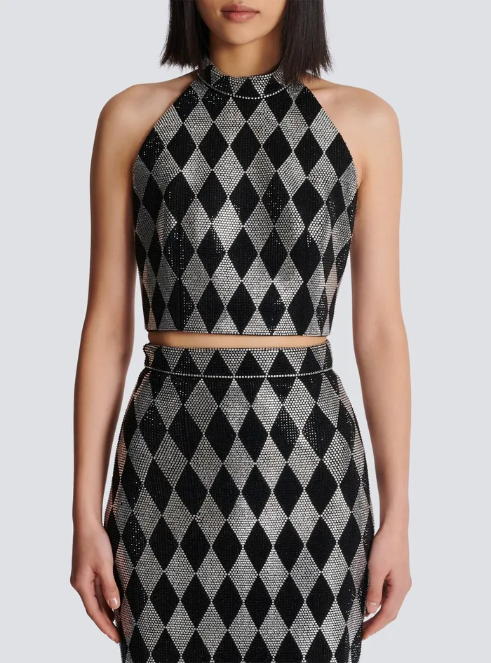 Balmain Tops And Shirts Women Diamond Rhinestone Halterneck Top Black