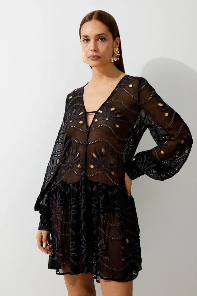 Beachwear Women Karen Millen Viscose Georgette Cutwork Beach Mini Dress Black