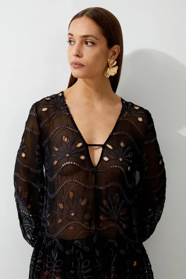 Beachwear Women Karen Millen Viscose Georgette Cutwork Beach Mini Dress Black