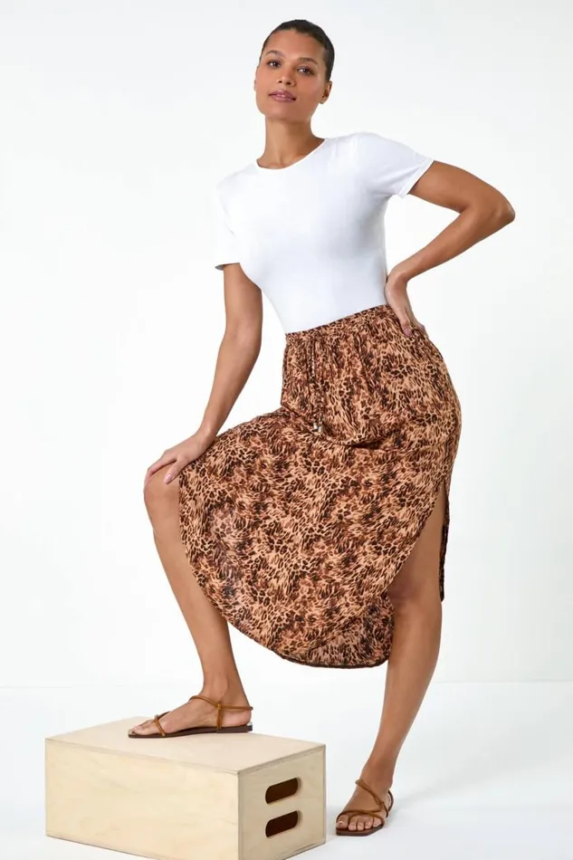 Beige Abstract Print Split Midi Skirt Women Roman Skirts