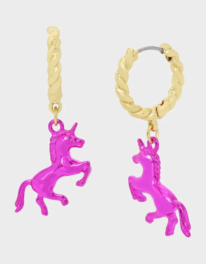 Betsey Johnson Women LUCKING OUT UNICORN HUGGIE EARRINGS PINK
