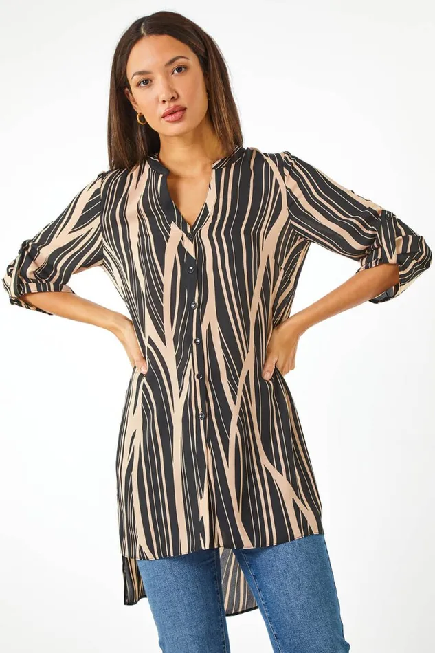 Black Abstract Print Longline Blouse Women Roman Tops