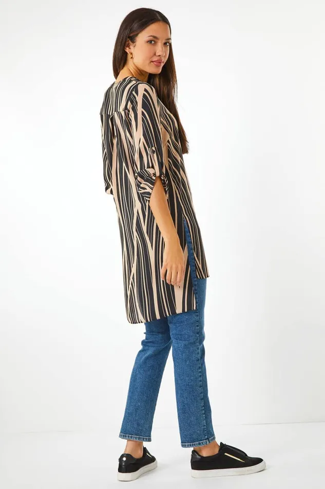 Black Abstract Print Longline Blouse Women Roman Tops