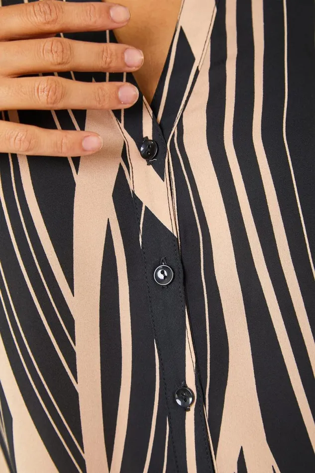Black Abstract Print Longline Blouse Women Roman Tops