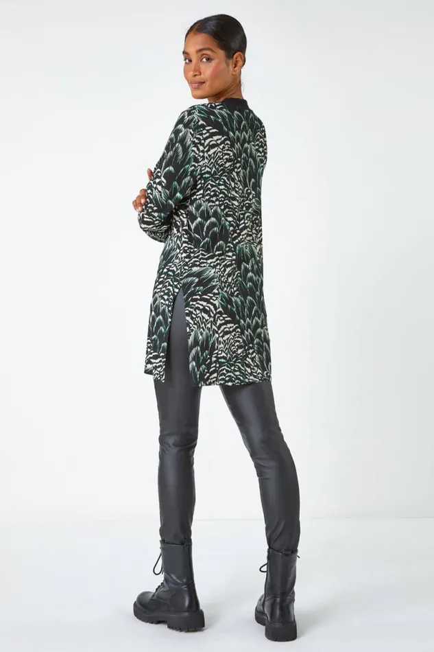 Black Abstract Stretch Jersey VNeck Tunic Top Women Roman Tops