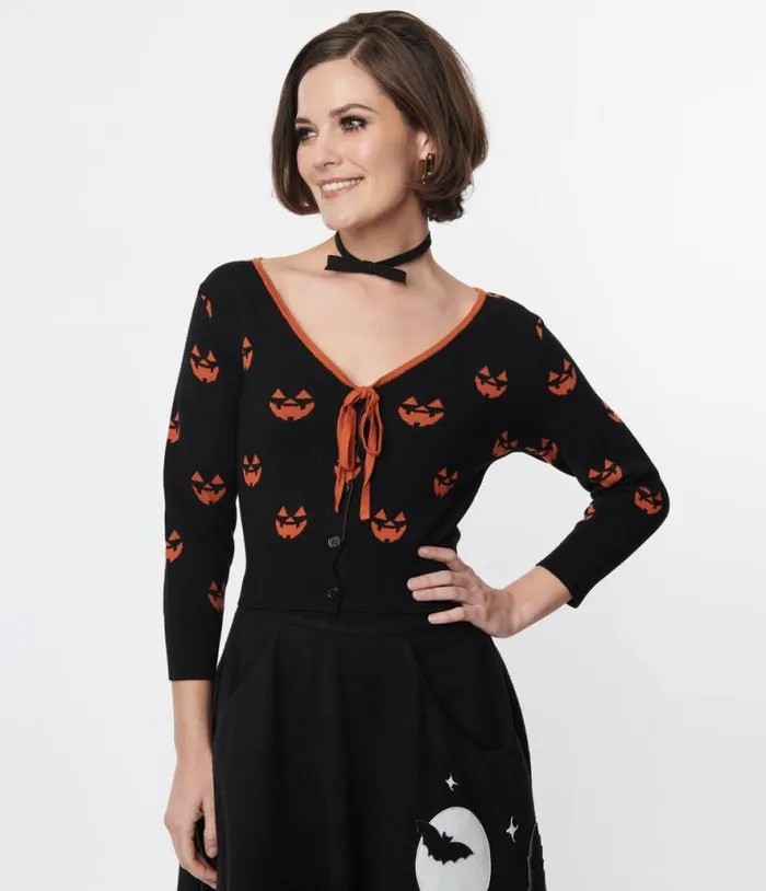 Black and Orange Pumpkin Crop Cardigan ClothingHalloween Unique Vintage Sweaters and Cardigans
