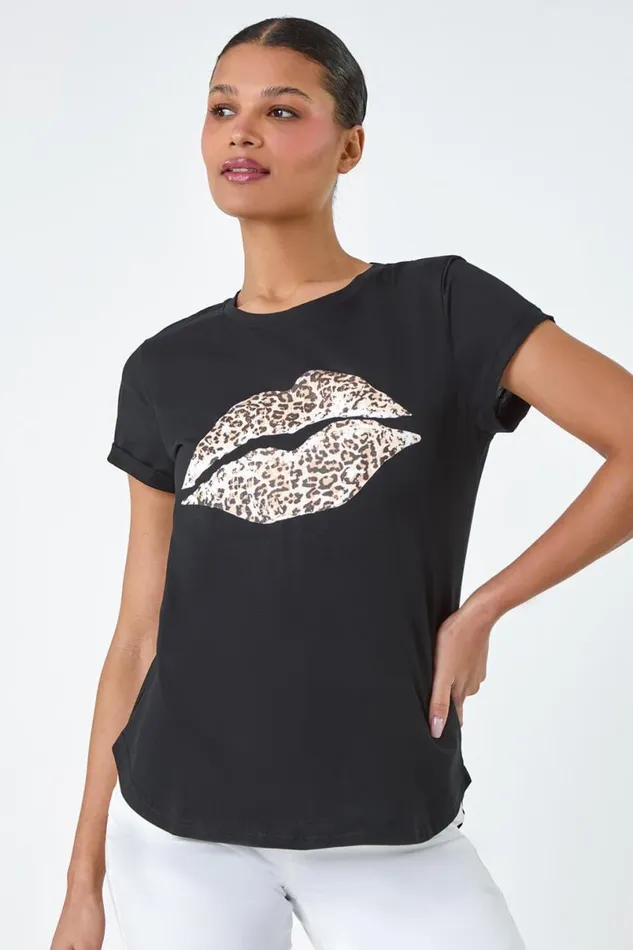 Black Animal Print Lips Stretch TShirt Women Roman Tops