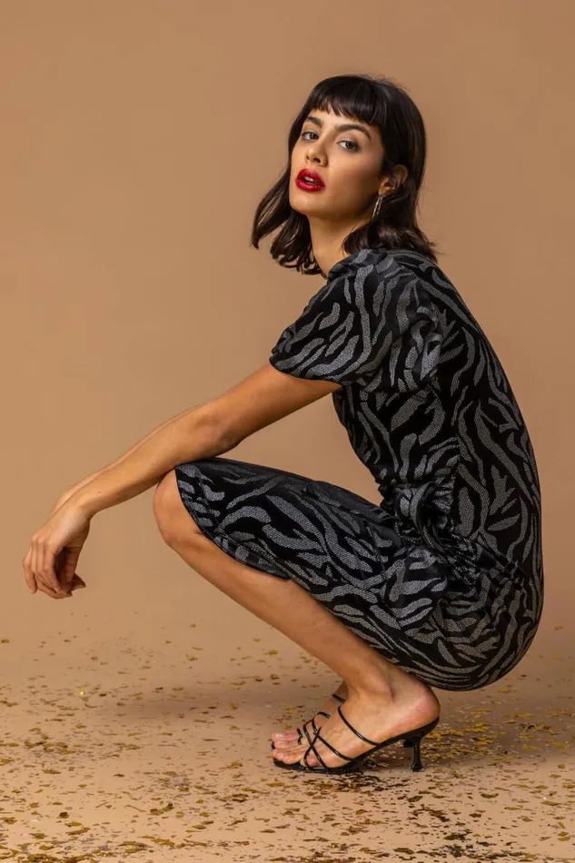 Black Animal Print Velvet Dress Women Roman Dresses