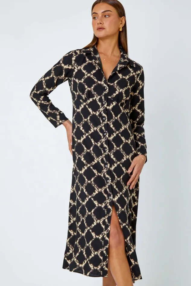 Black Chain Print Midi Shirt Dress Women Roman Dresses