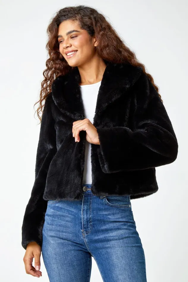 Black Collared Faux Fur Coat Women Roman Coats