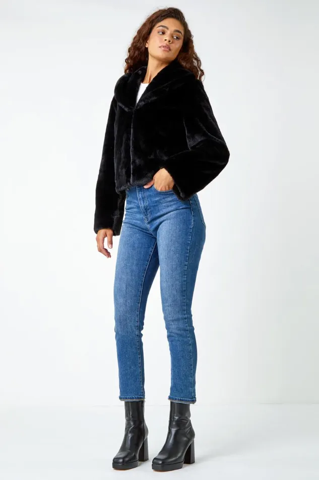 Black Collared Faux Fur Coat Women Roman Coats