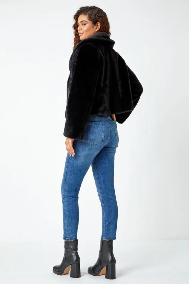 Black Collared Faux Fur Coat Women Roman Coats