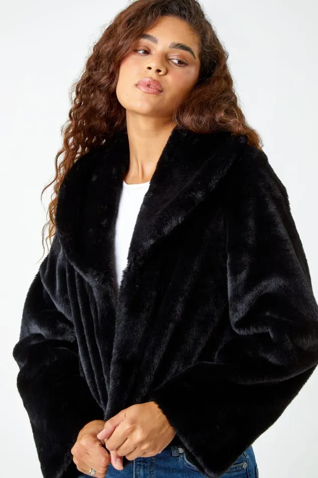 Black Collared Faux Fur Coat Women Roman Coats