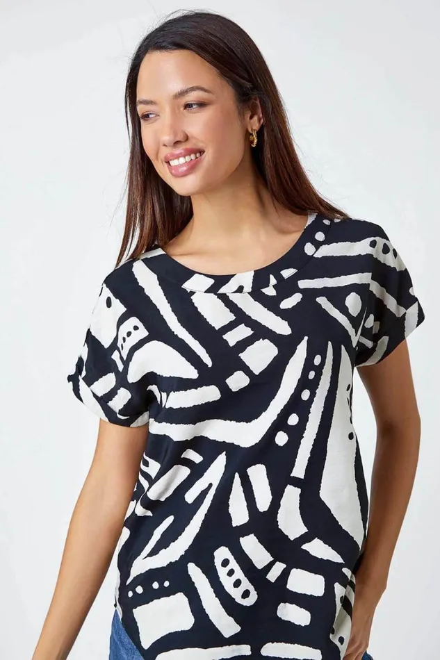 Black Contrast Abstract Print Top Women Roman Tops