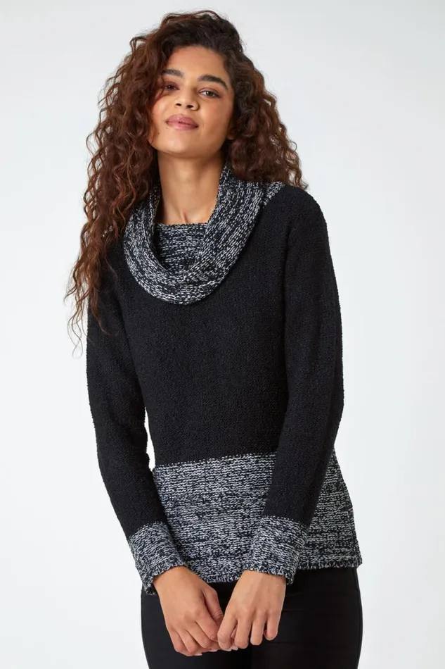 Black Contrast Cowl Neck Longline Jumper Women Roman Knitwear