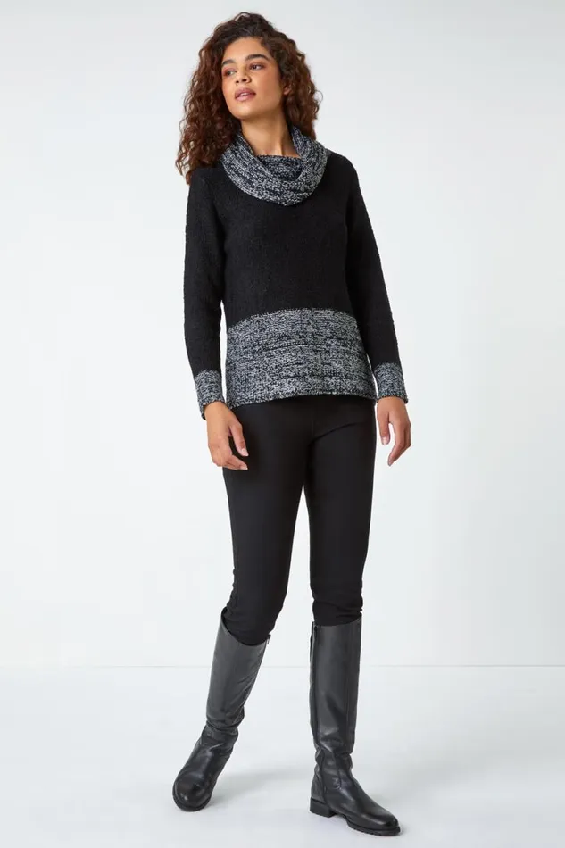 Black Contrast Cowl Neck Longline Jumper Women Roman Knitwear