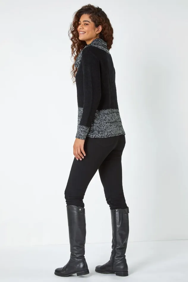 Black Contrast Cowl Neck Longline Jumper Women Roman Knitwear