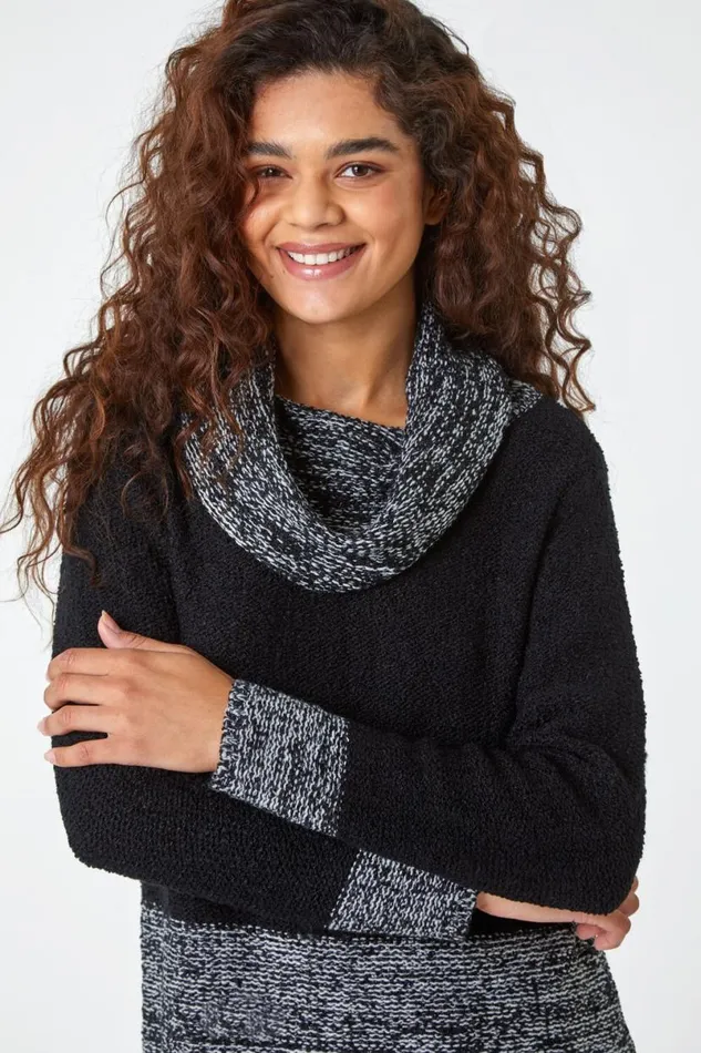 Black Contrast Cowl Neck Longline Jumper Women Roman Knitwear