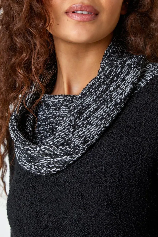 Black Contrast Cowl Neck Longline Jumper Women Roman Knitwear