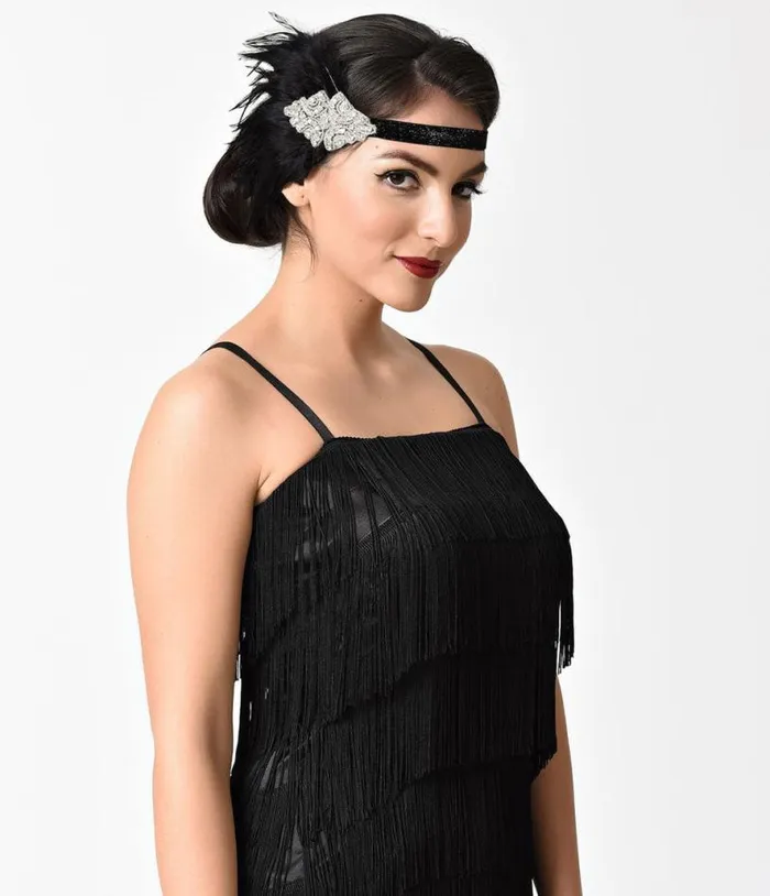 Black Coque Feather and Silver Rhinestone Headband Accessories Unique Vintage Headbands