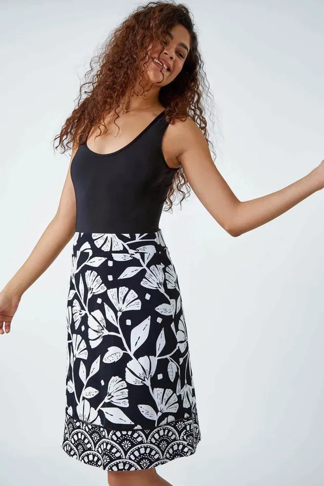 Black Cotton Blend Floral Elastic Waist Skirt Women Roman Skirts