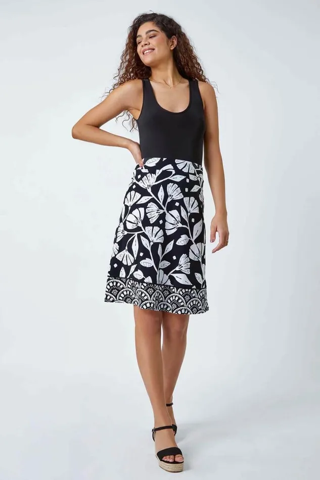 Black Cotton Blend Floral Elastic Waist Skirt Women Roman Skirts