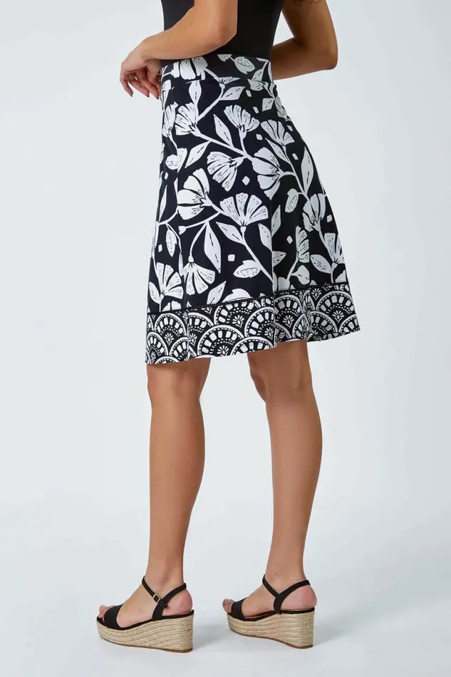 Black Cotton Blend Floral Elastic Waist Skirt Women Roman Skirts