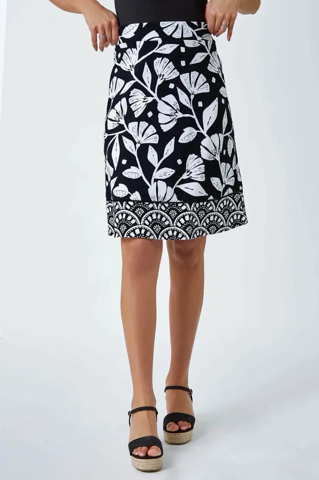 Black Cotton Blend Floral Elastic Waist Skirt Women Roman Skirts