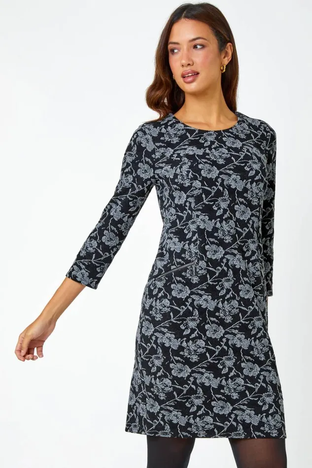 Black Cotton Blend Floral Shift Stretch Dress Women Roman Dresses