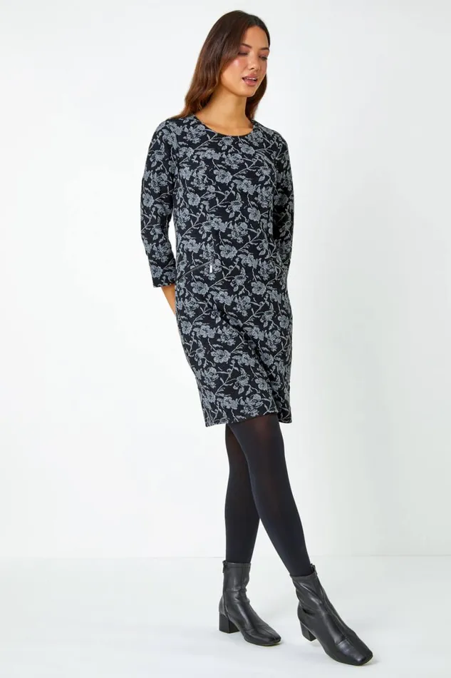 Black Cotton Blend Floral Shift Stretch Dress Women Roman Dresses