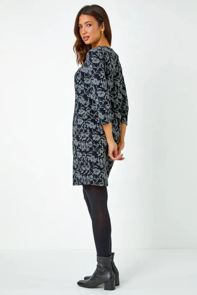 Black Cotton Blend Floral Shift Stretch Dress Women Roman Dresses
