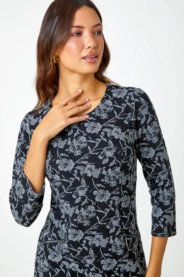 Black Cotton Blend Floral Shift Stretch Dress Women Roman Dresses