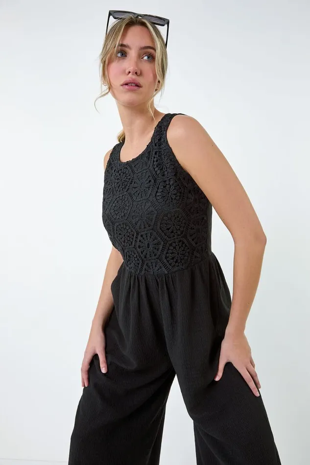 Black Crochet Lace Wide Leg Jumpsuit Women Roman Dresses